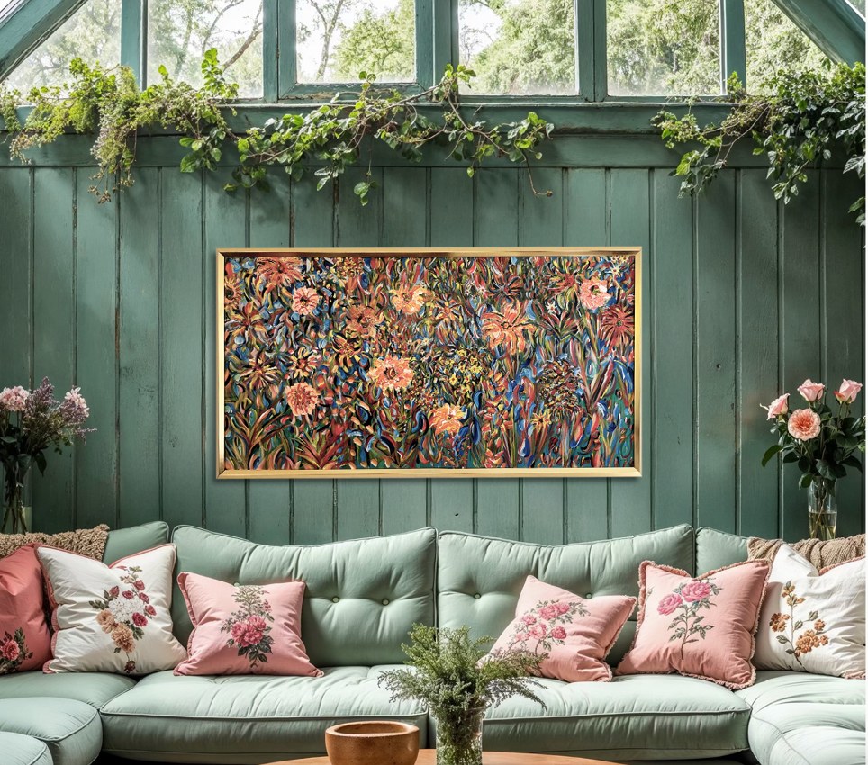 Maleriet Blomstermark I ophængt i en grøn stue med sofa og friske blomster